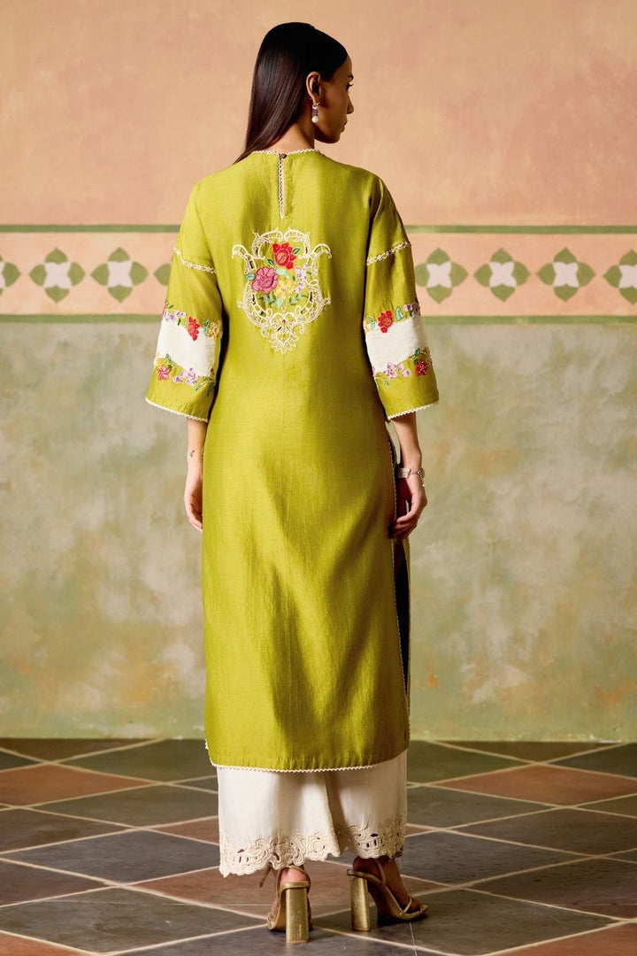 Olive & Ivory color block kurta with Ivory embroidered pants