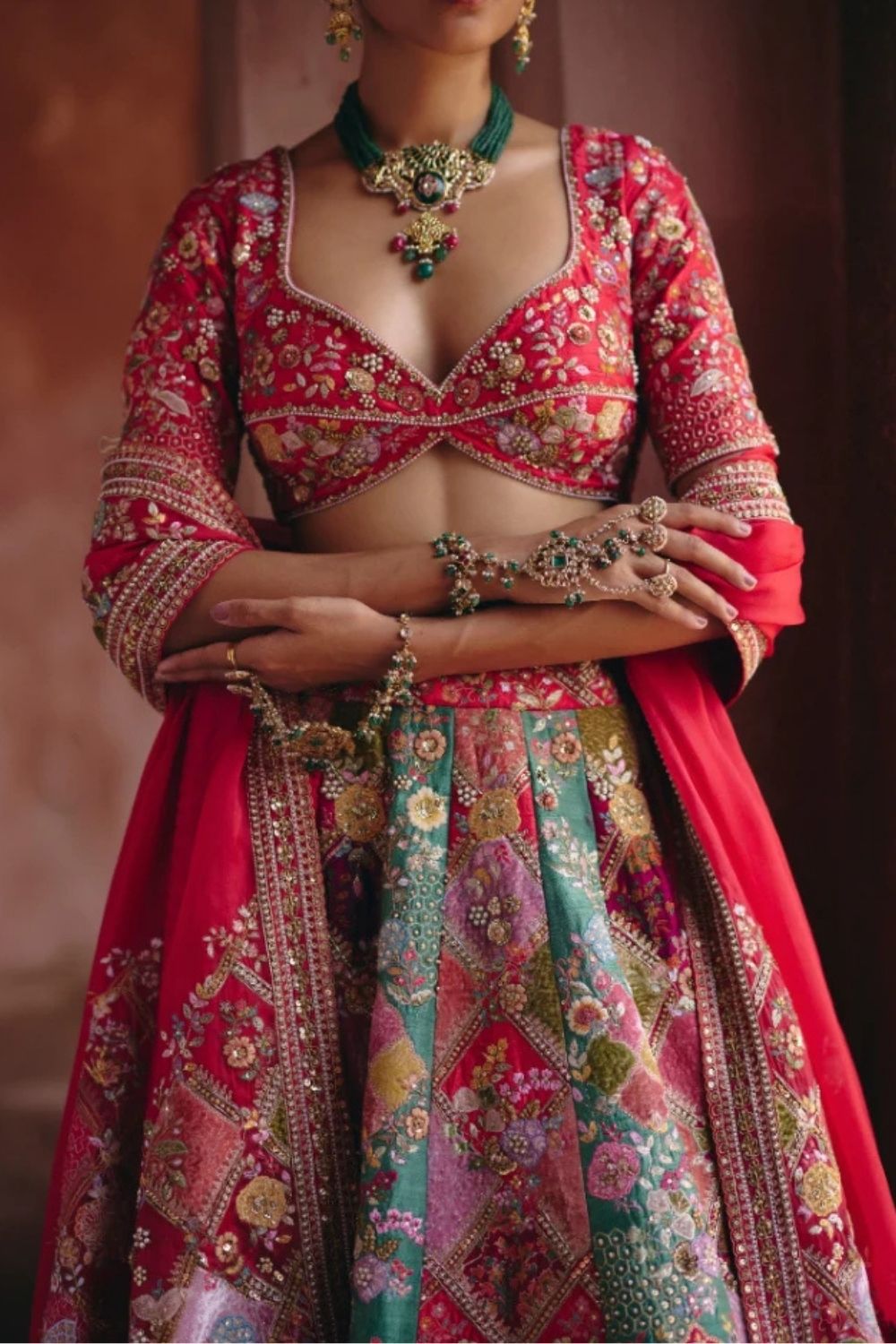 Velvet Patchwork Multi-Coloured Lehenga Set