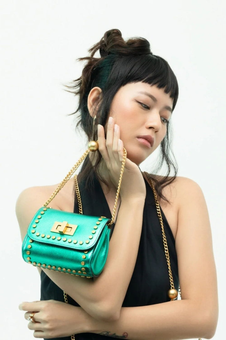 Metallic Green Mini Studded Crossbody Bag