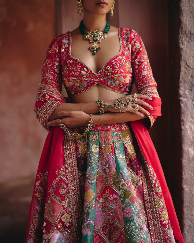 Velvet Patchwork Multi-Coloured Lehenga Set