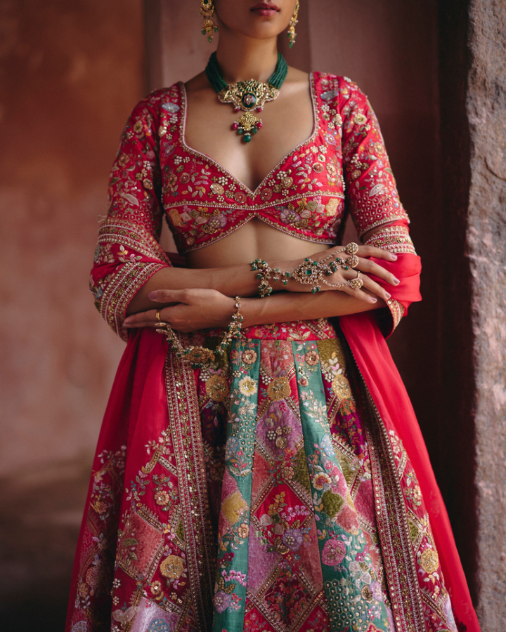 Velvet Patchwork Multi-Coloured Lehenga Set