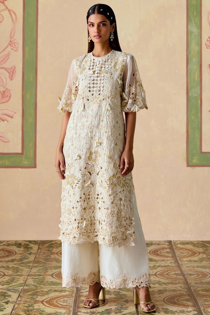 Ivory & gold cutwork kurta with cutwork flared pants