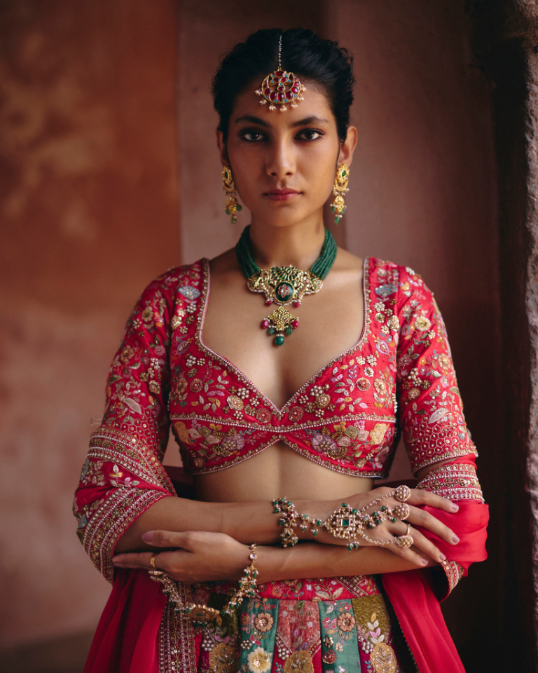 Velvet Patchwork Multi-Coloured Lehenga Set
