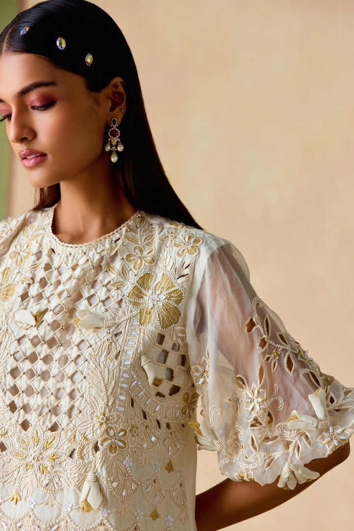 Ivory & gold cutwork kurta with cutwork flared pants