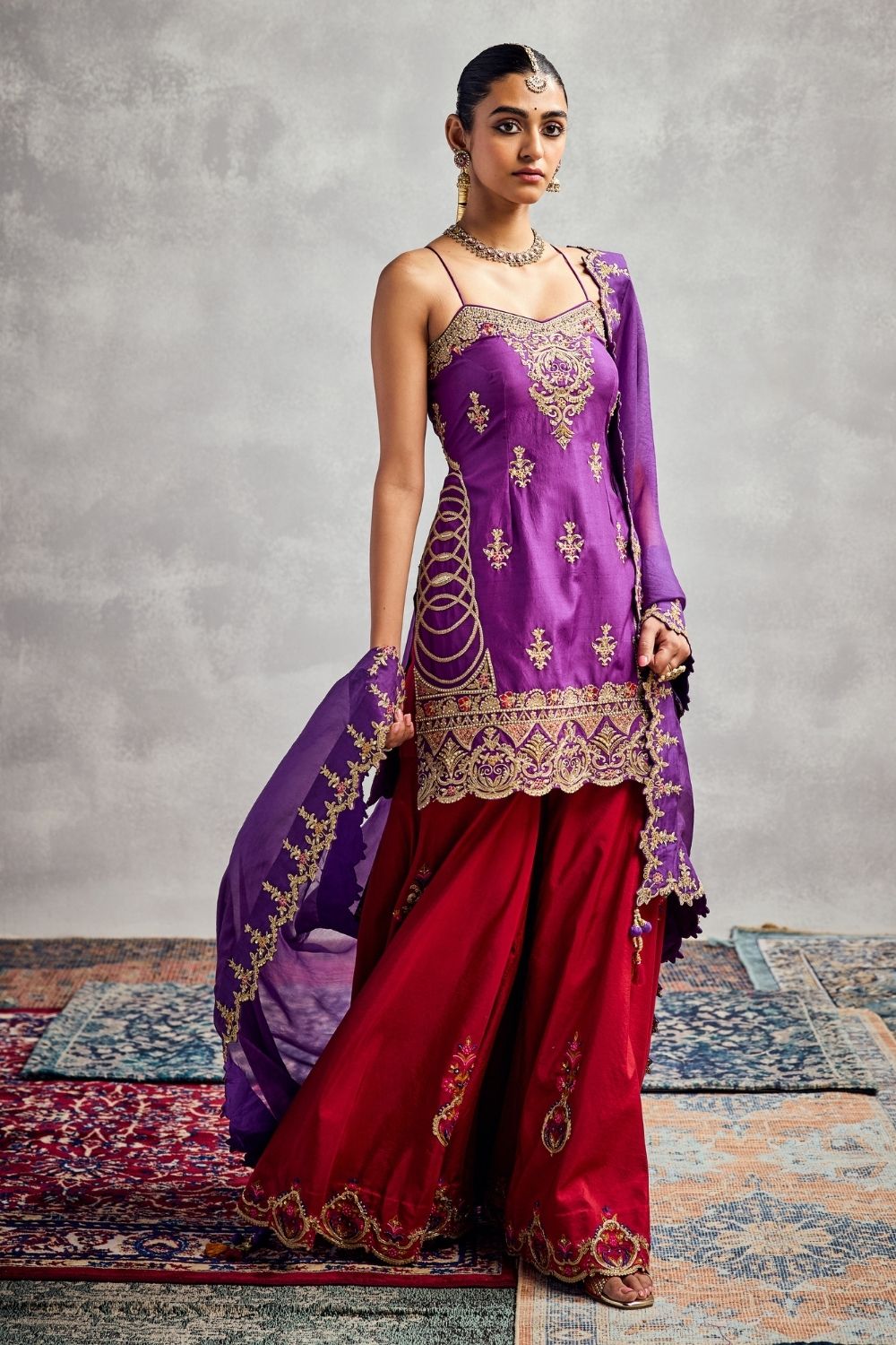 Purple & Fiery Red Sharara Set