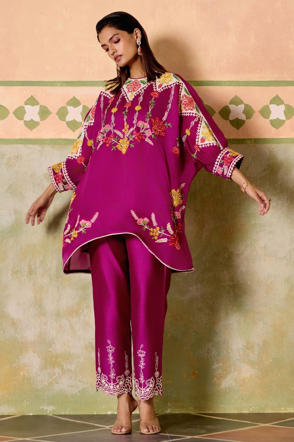 Purple embroidered kimono tunic with narrow pants