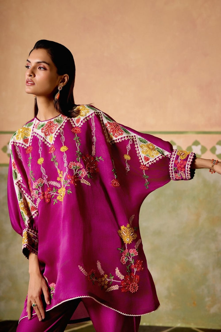 Purple embroidered kimono tunic with narrow pants