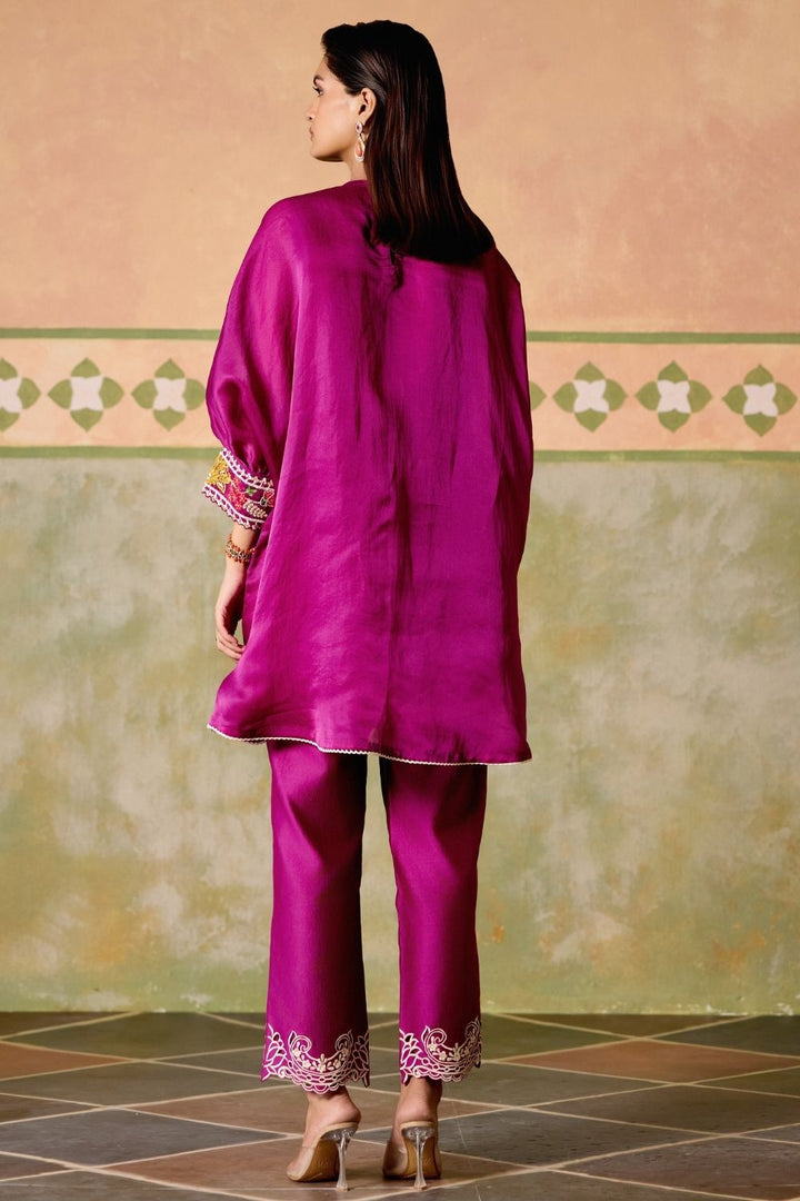 Purple embroidered kimono tunic with narrow pants