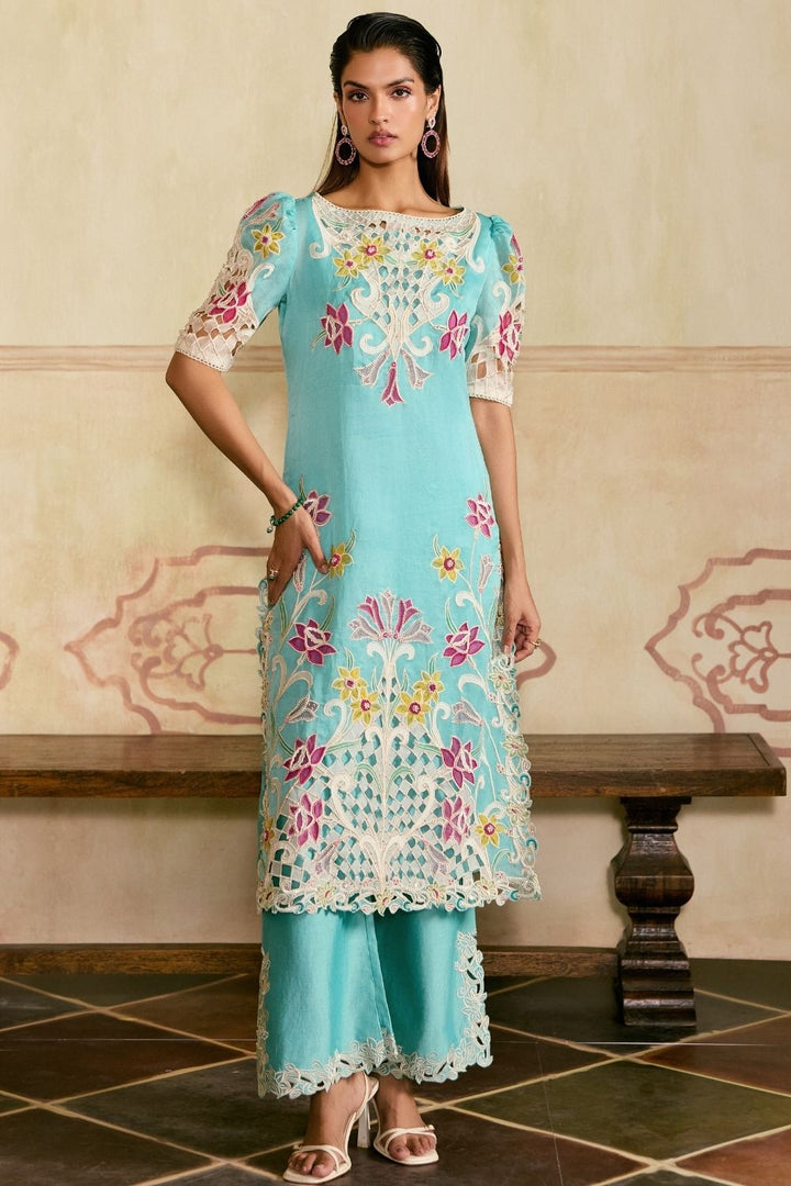 Aqua and Ivory applique cutwork kurta with pants