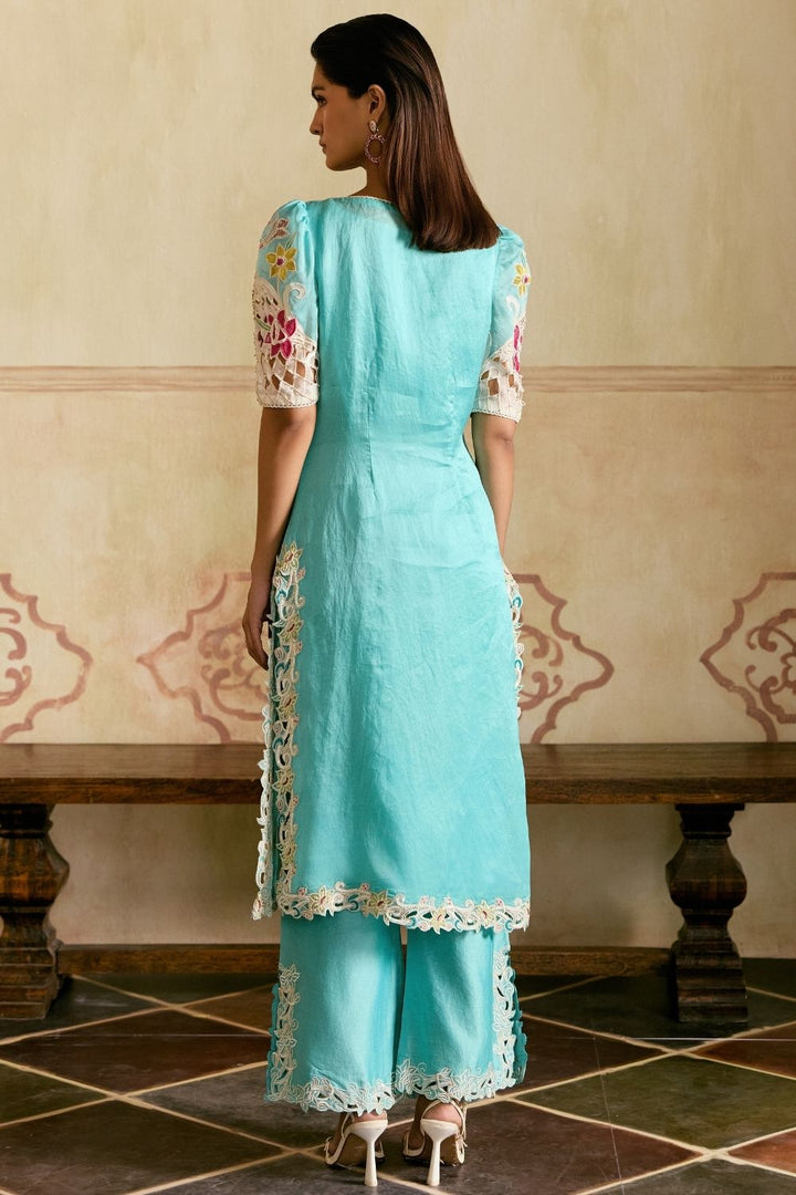 Aqua and Ivory applique cutwork kurta with pants