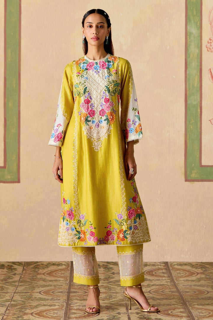 Yellow & Ivory embroidered kurta with sheer panel pants