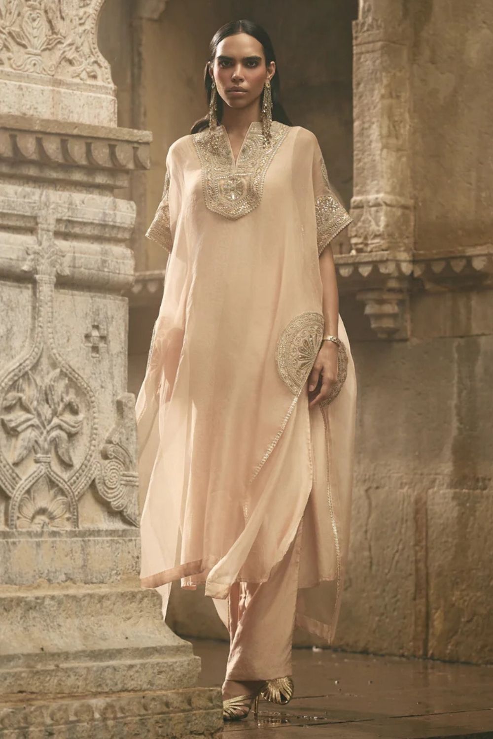 Beige Organza Kaftan Set