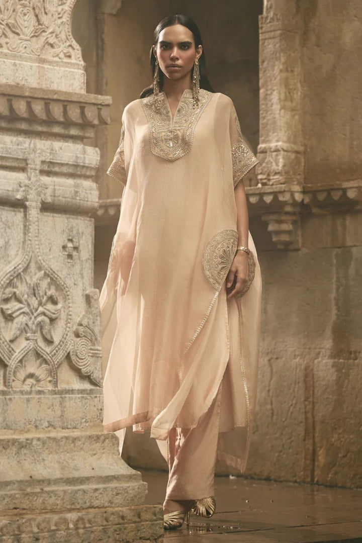 Beige Organza Kaftan Set