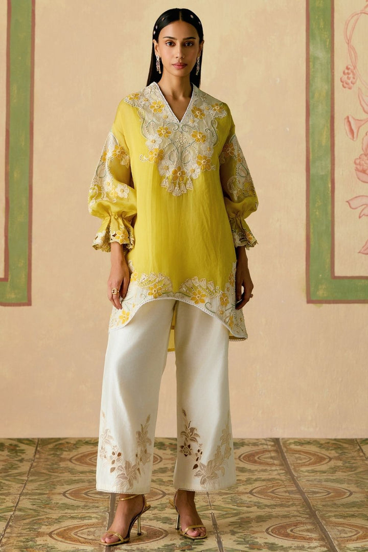 Yellow And Ivory color block tunic with sheer applique pants