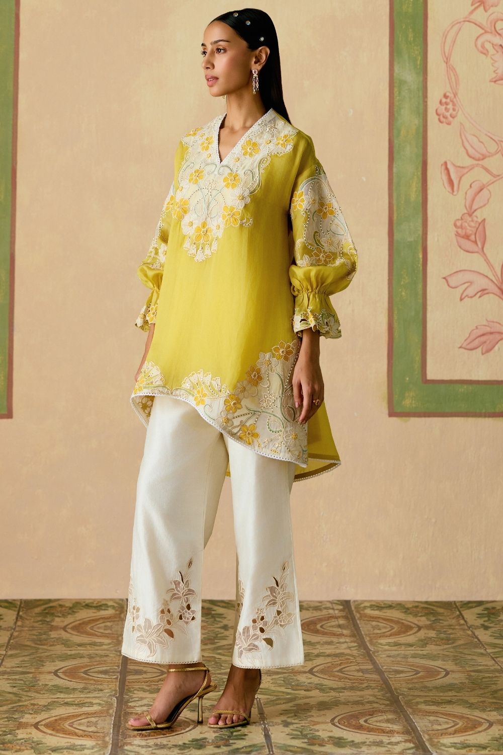 Yellow And Ivory color block tunic with sheer applique pants