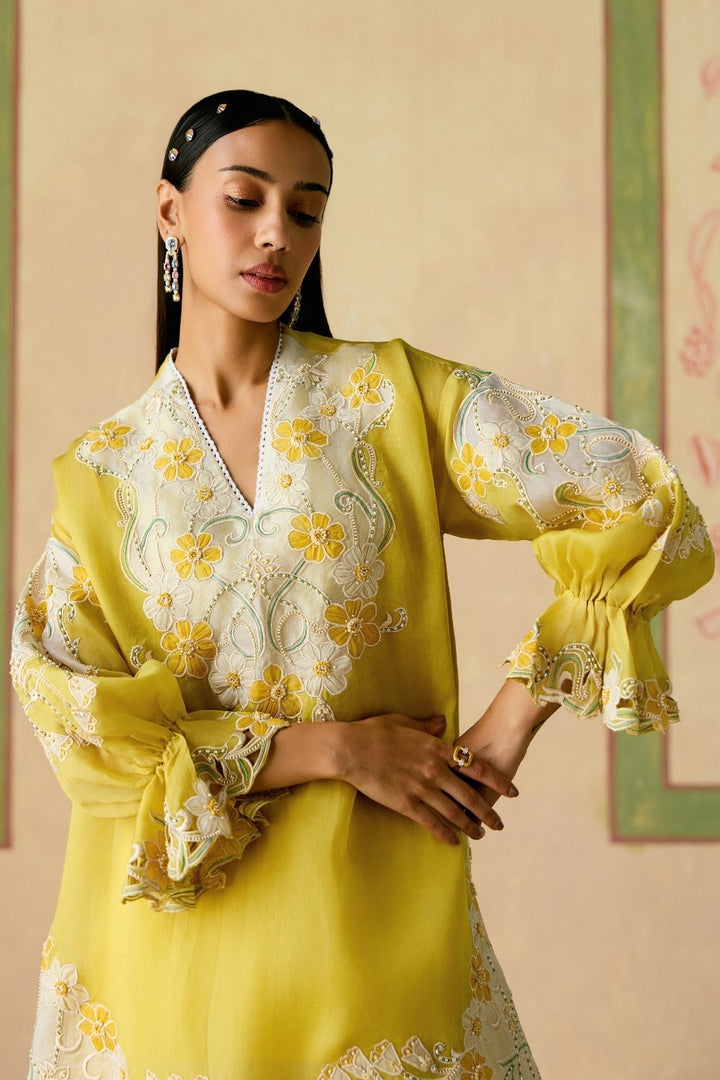 Yellow And Ivory color block tunic with sheer applique pants