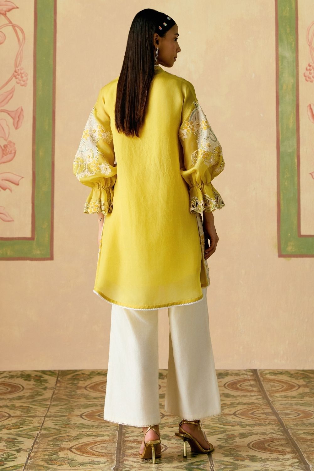 Yellow And Ivory color block tunic with sheer applique pants