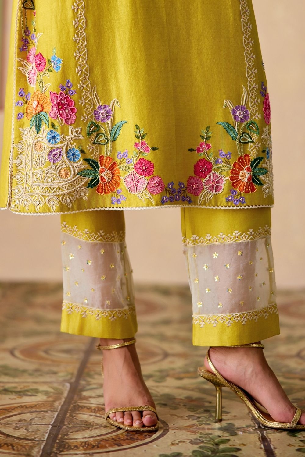 Yellow & Ivory embroidered kurta with sheer panel pants