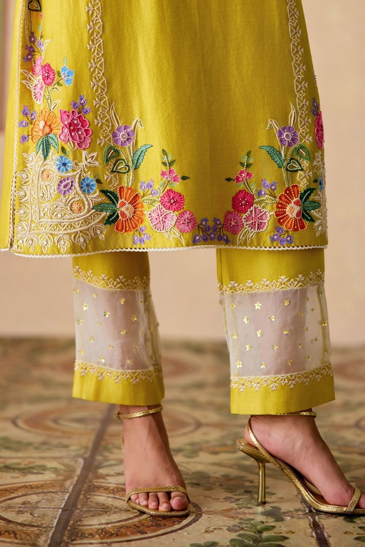 Yellow & Ivory embroidered kurta with sheer panel pants