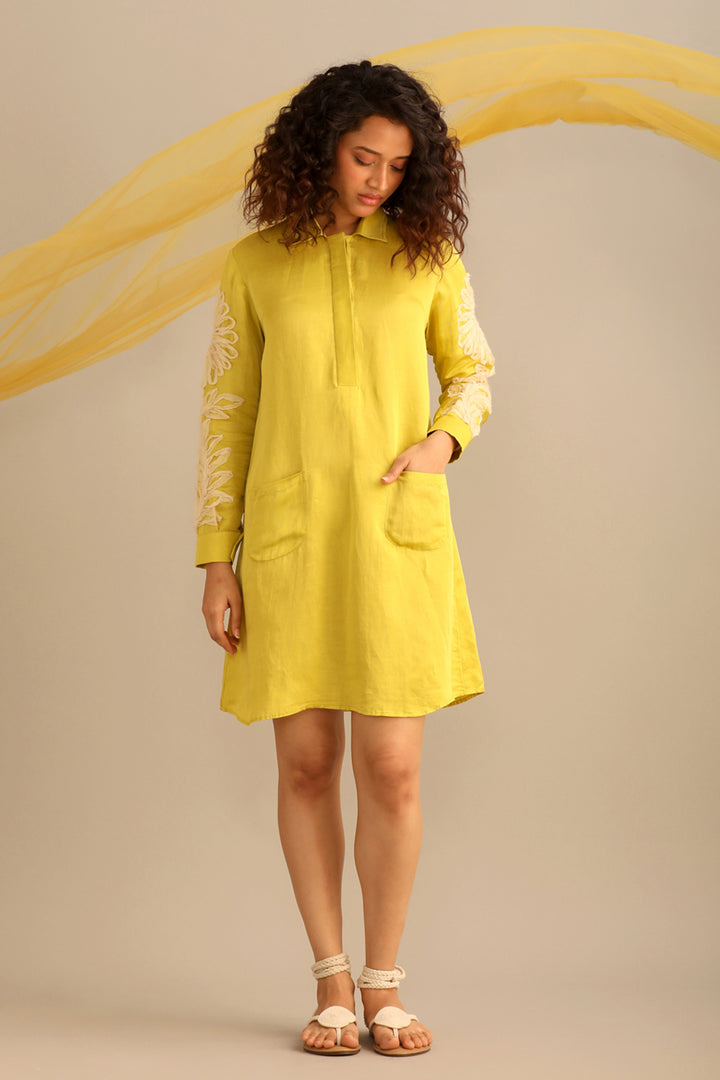 Lime linen satin full sleeves knee length dress