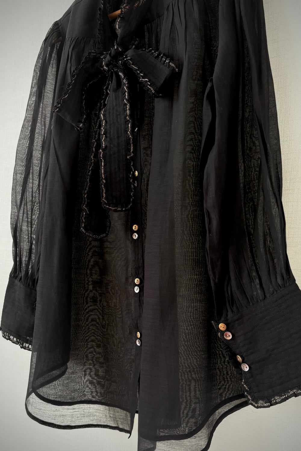 Victorian Frill Shirt with a Tie - Black Cotton Silk Sheer Blouse