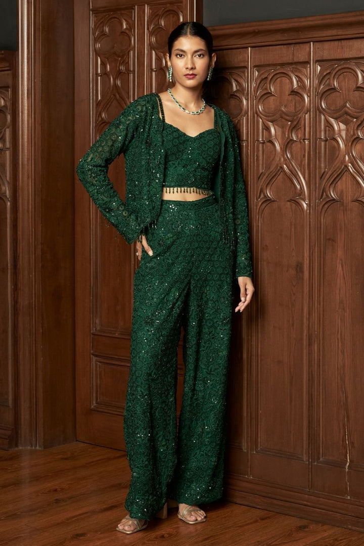 Emerald Short Jacket Set With Flared Pants