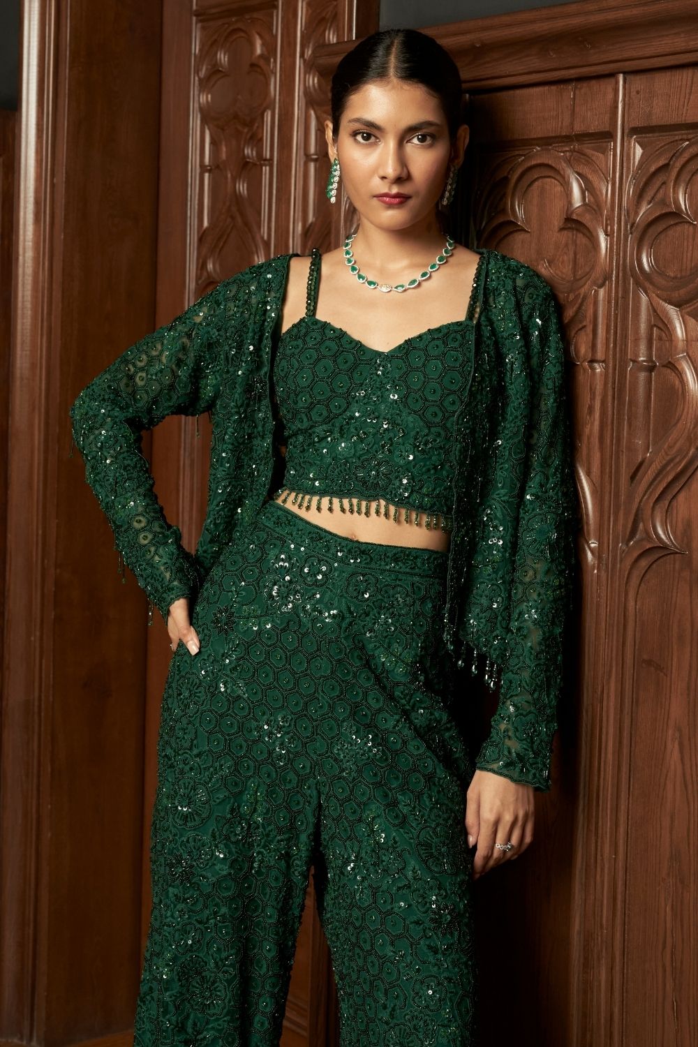 Emerald Short Jacket Set With Flared Pants