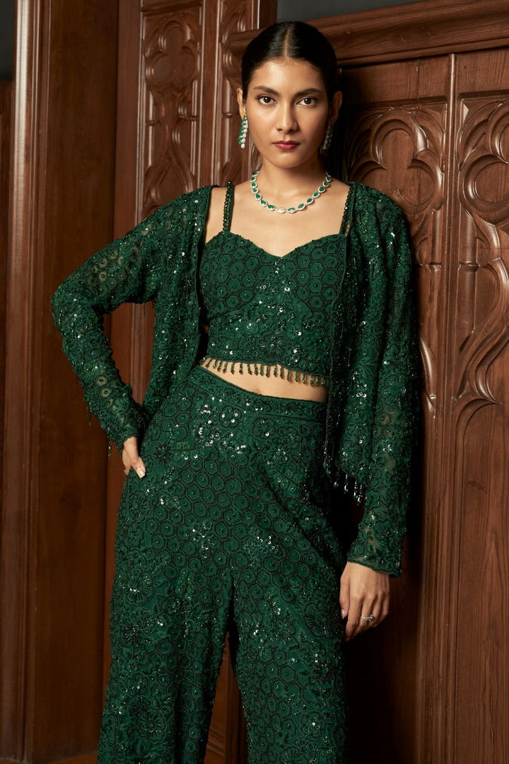 Emerald Short Jacket Set With Flared Pants