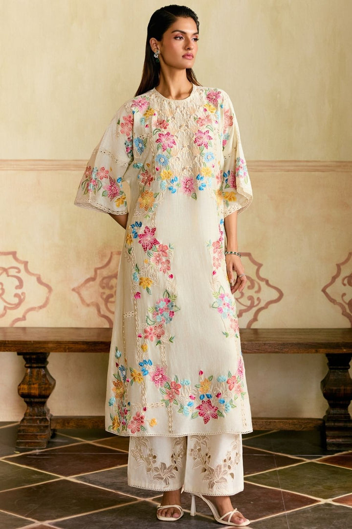 Ivory Mosaic florals flared kurta with sheer applique pants