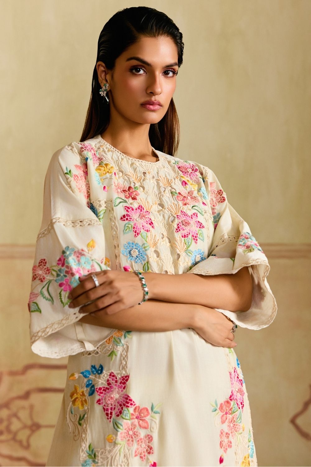 Ivory Mosaic florals flared kurta with sheer applique pants