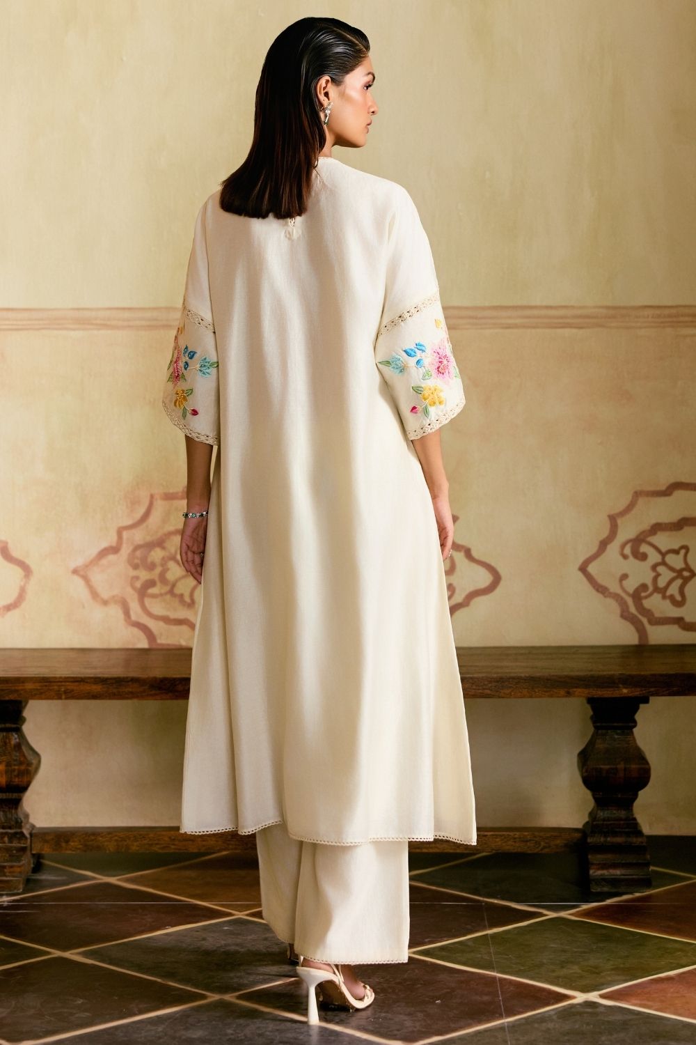 Ivory Mosaic florals flared kurta with sheer applique pants