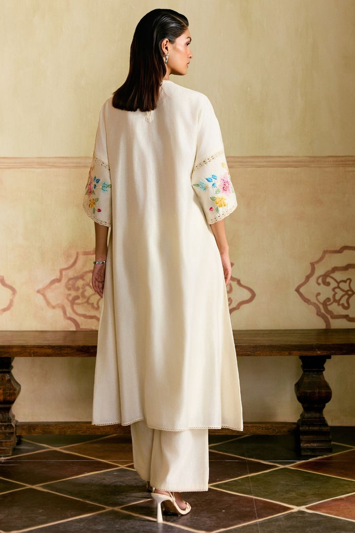 Ivory Mosaic florals flared kurta with sheer applique pants