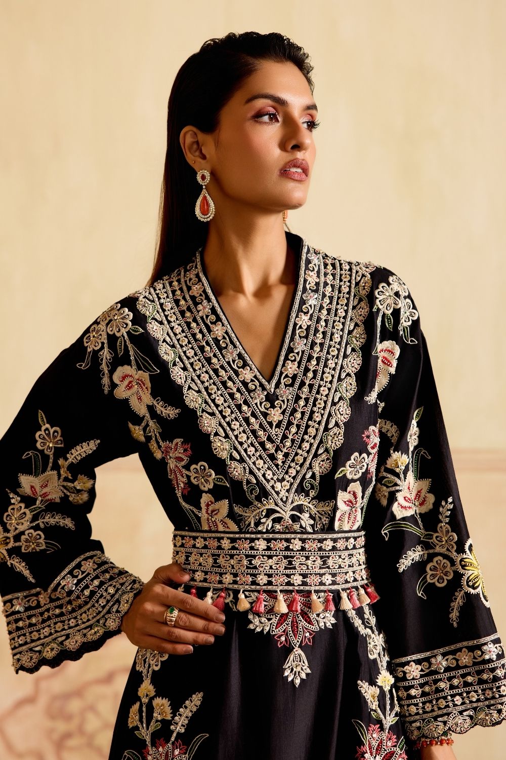 Black contrast embroidered dress kurta with tie-up belt