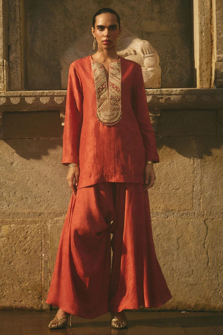 Red Printed Dhoti Set