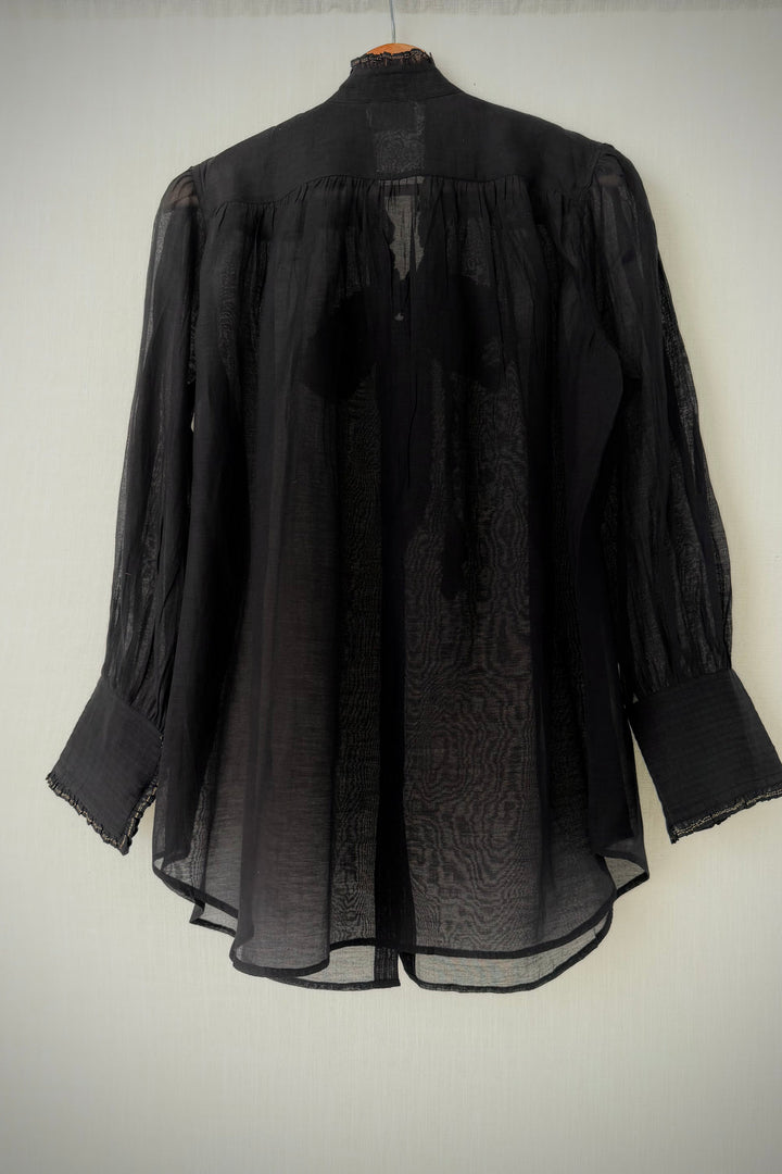 Victorian Frill Shirt with a Tie - Black Cotton Silk Sheer Blouse