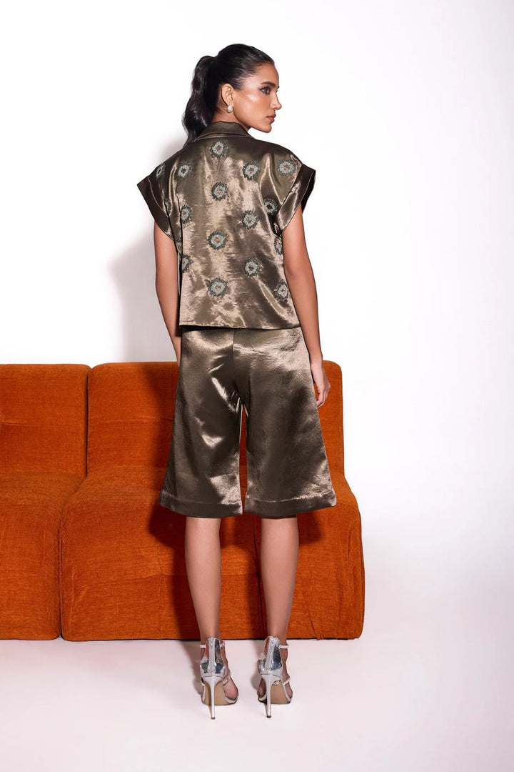 Dusky Olive Satin Embroidered Crop Jacket