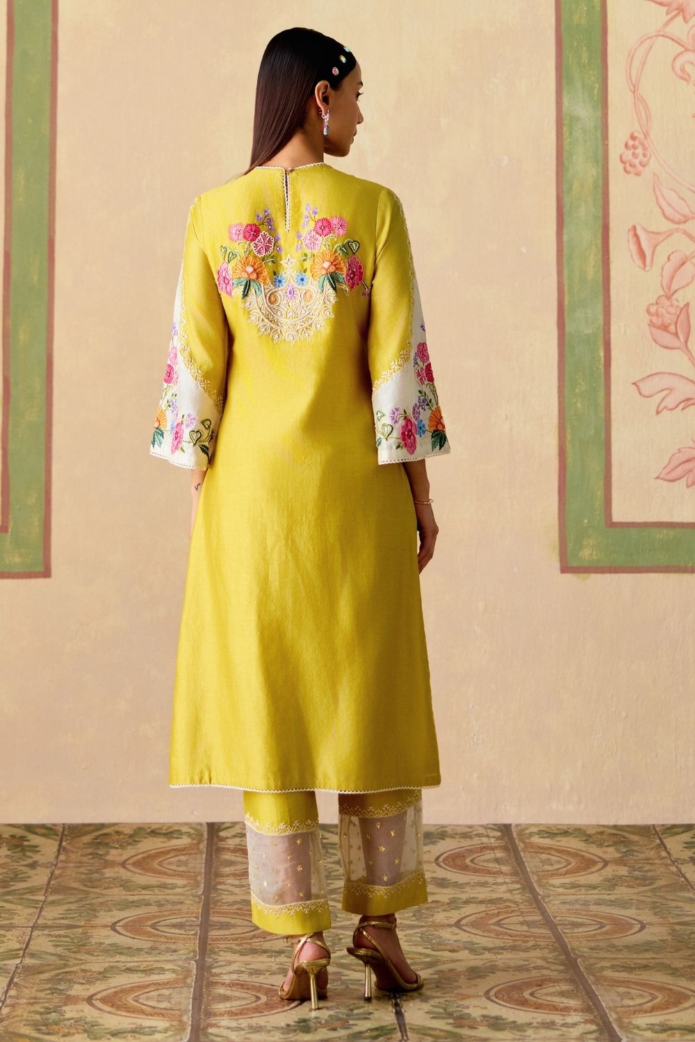 Yellow & Ivory embroidered kurta with sheer panel pants