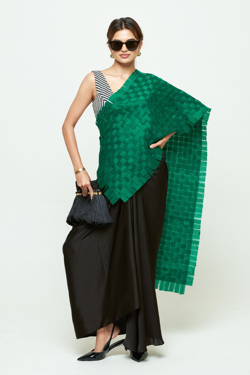 Isa Green Textured Saree Skirt Set