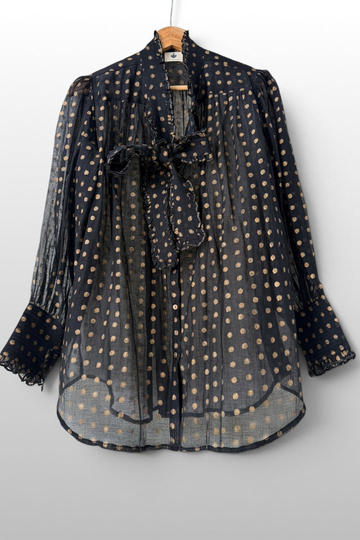 Victorian Gold printed Frill Shirt with a Tie - Black Cotton Silk Sheer Blouse