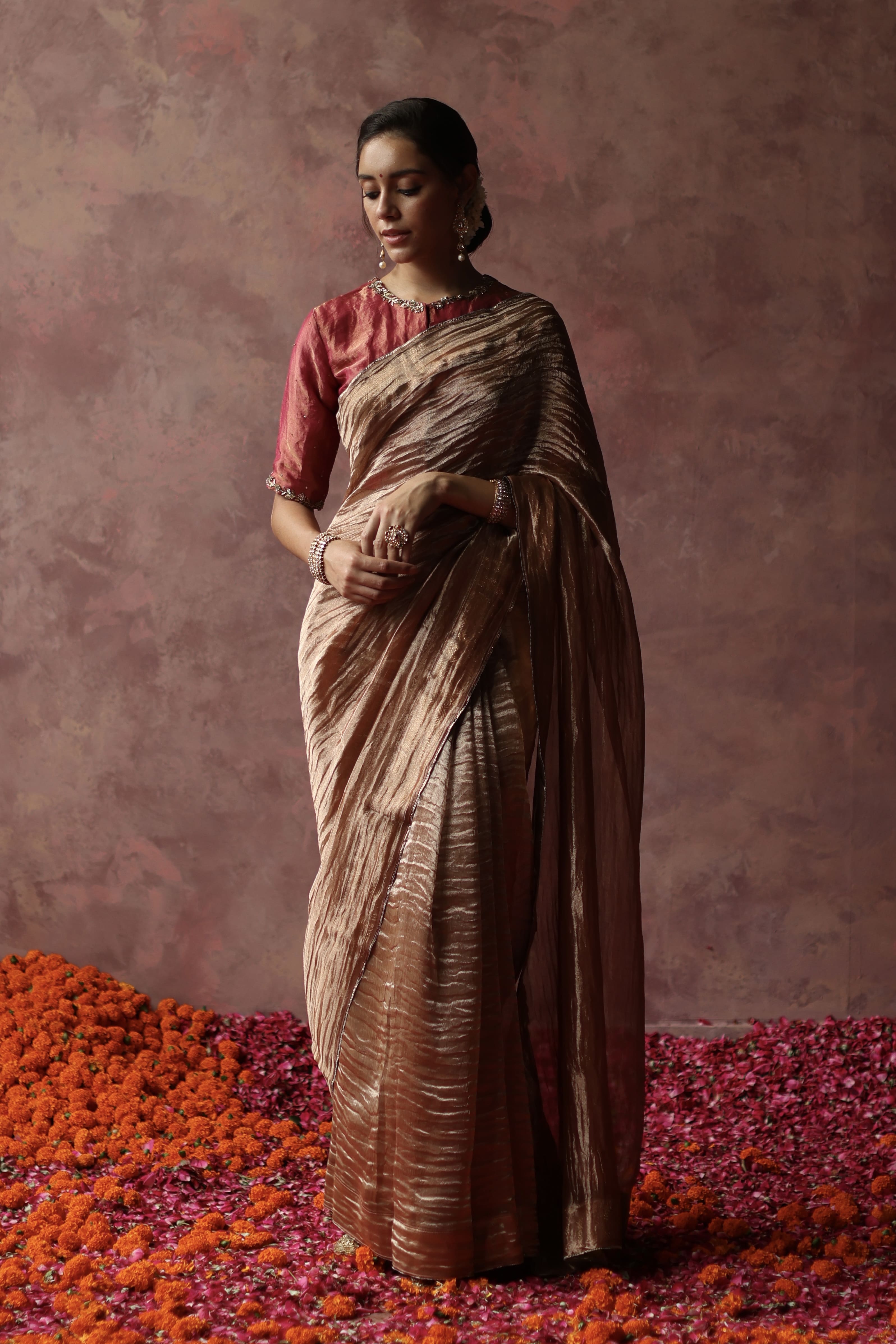 Champagne Satin Silk Sharara Saree Set Design by Rashi Kapoor at Pernia's  Pop Up Shop 2024