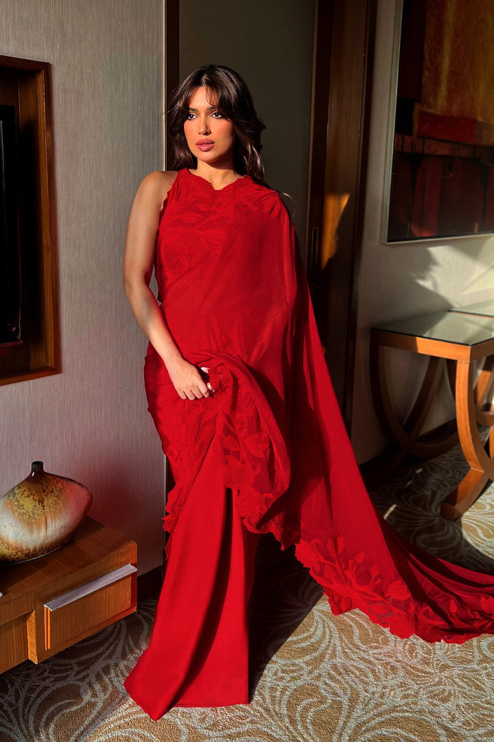 Wild Tulip Pre-Stitched Saree Set - Red