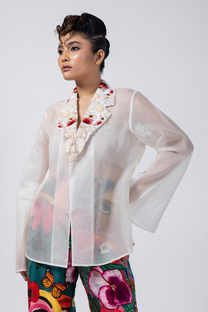 Lapel Collar Embroidered  Overlay