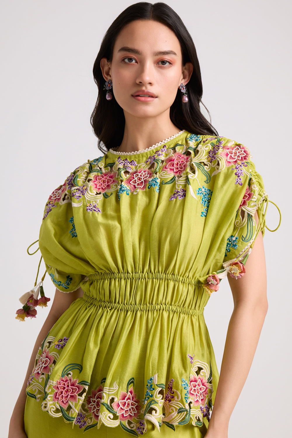 Lime Green Floral Cutwork Ruched Top