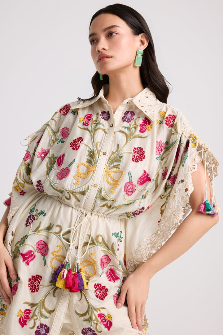 Ivory Floral Embroidered Kaftan Shirt