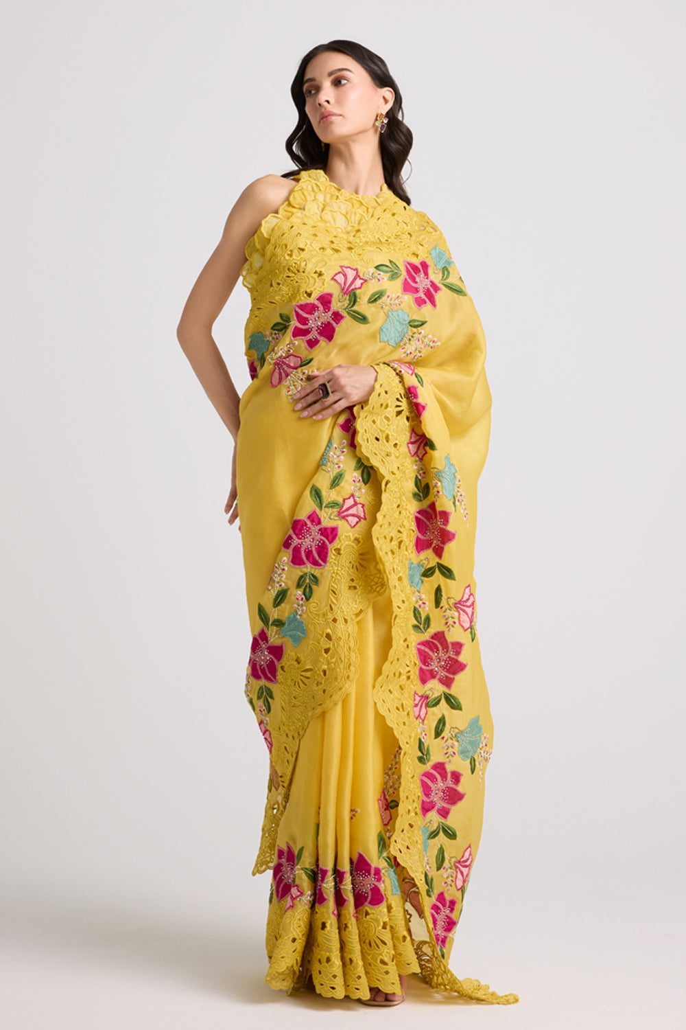 Yellow Floral Applique and Cutwork Saree