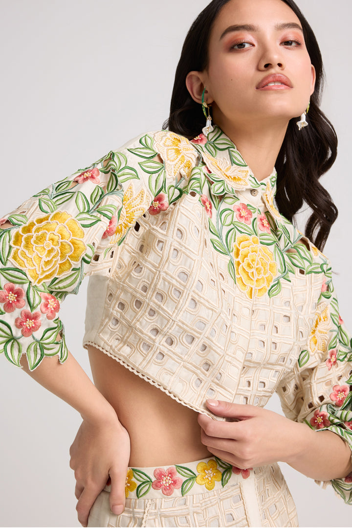 Ivory Floral Checkered Cutwork Crop Shirt