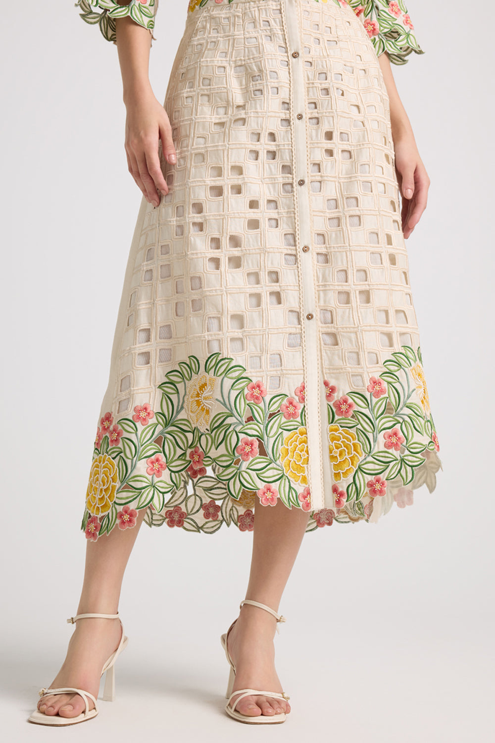 Ivory Floral Checkered Cutwork Buttondown Skirt
