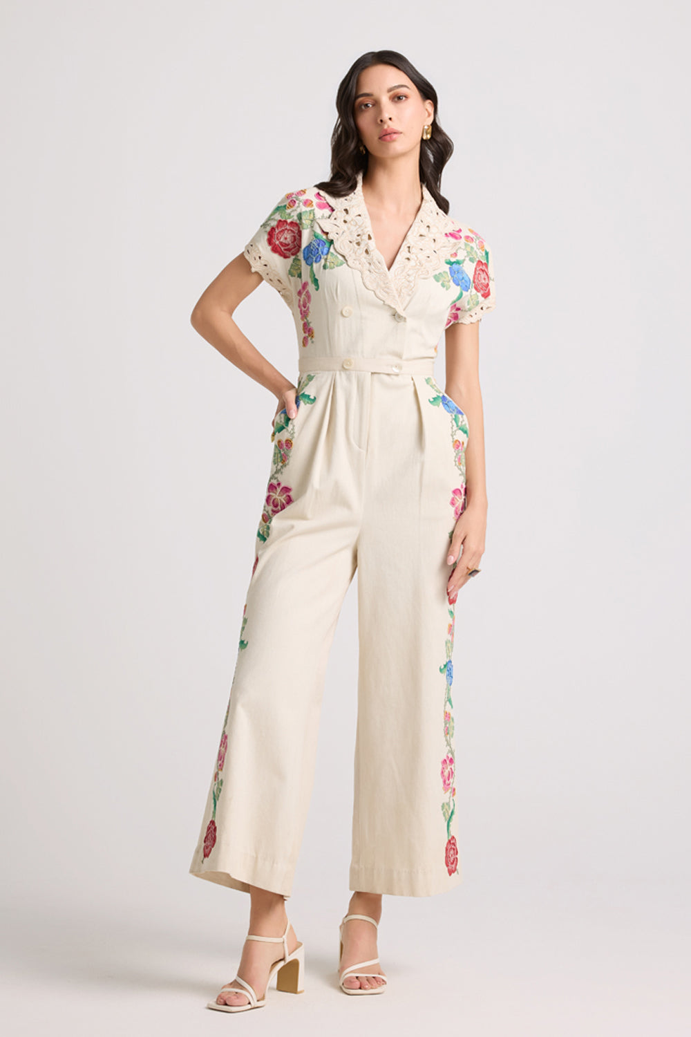 Ivory Floral Applique and Beadwork Jumpsuit