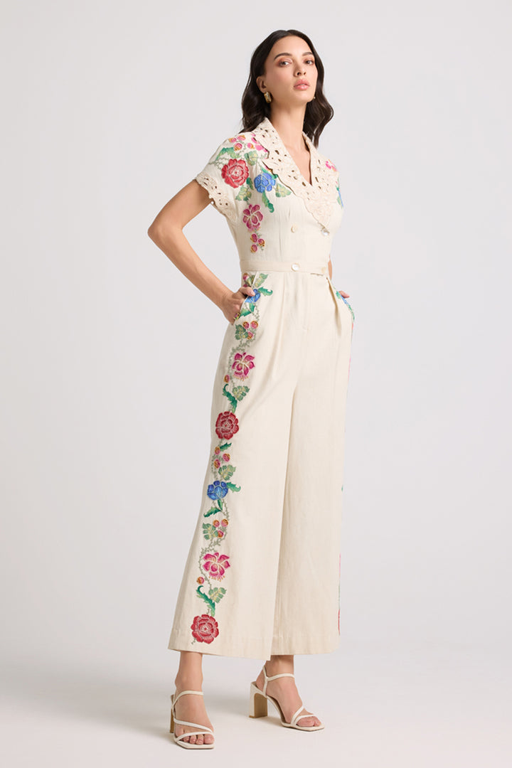 Ivory Floral Applique and Beadwork Jumpsuit