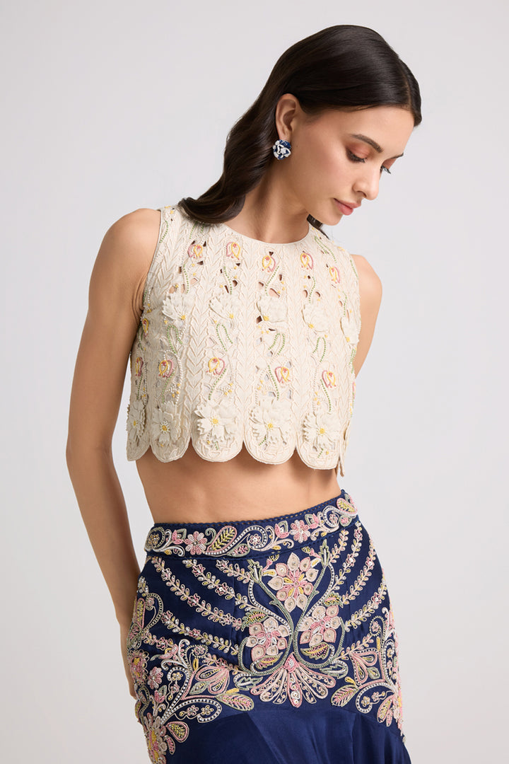 Ivory 3D Florals and Cutwork Panelled Top